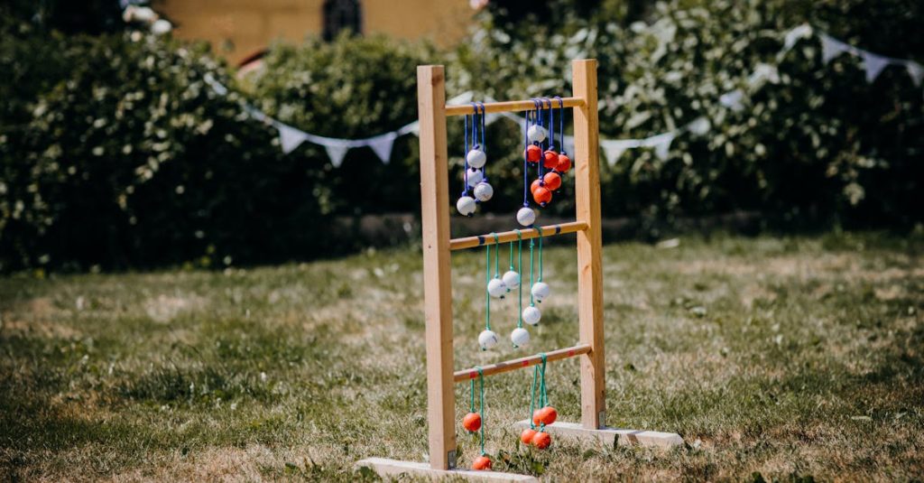 Colorful ladder ball game set up in a sunny backyard, perfect for outdoor fun.